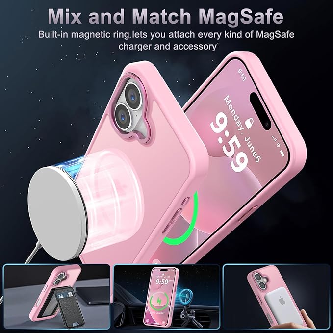 Newfuture Designed for iPhone 16 Case with Magnetic [13 FT Military Drop Protection] [Compatible with Magsafe] Slim Translucent Matte Shockproof with Anti-Fingerprint Phone Case, Chalk Pink