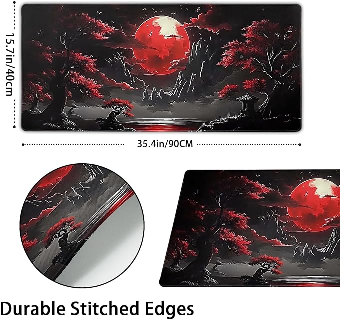 Riverside Full Moon Desk Mat Japanese Desk Pad Mouse Pad Extended Large XL Keyboard Pad 31.5"x11.8" Anime Gaming Mousepad Keyboard Full Desk Mat with Non-Slip Rubber Base Stitched Edge for Home Office