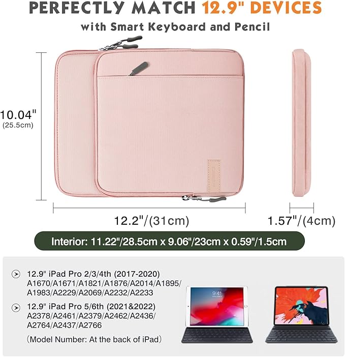 MoKo 10-13 Inch Tablet Sleeve Bag Carrying Case with Pockets Fits New 13 Inch iPad Pro M5 & Air M3, Pro 12.9/11 in,iPad 10th/Air 5/4th 10.9, i-Pad 7/8/9th 10.2, Galaxy Tab S8+/S9+ 12.4, Pink