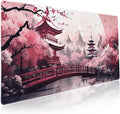 Pink Japanese Cherry Blossom Large Mouse Pad XXL Sakura Forest Tree Sun Tower Mountain Extended Large Desk Mat Big Desk Pad 90X40 CM Non-Slip Rubber Base Stitched Edge Long Mousepad,35.4 x 15.7 Inch