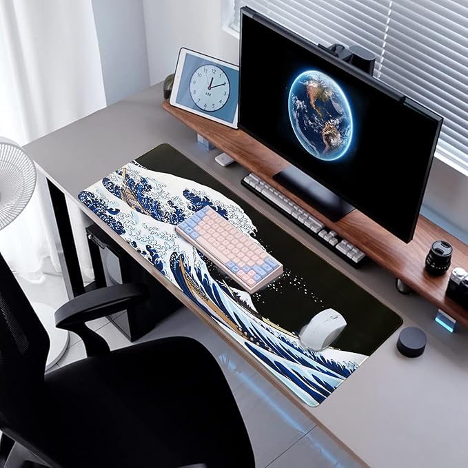 Gaming Mouse Pad with World Map(31.5 x 11.8in), Desk Mat&Large Mouse Pad Keyboard Mat 3MM Anti Slip and Waterproof Rubber Mouse Pad (Blue)
