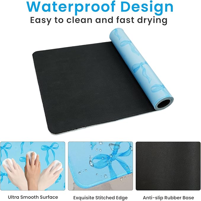 Blue Bows Desk Mat, Large Mouse Pad with Light Blue Background, Girly Computer Mat Keyboard Mat Cute Blue Office Pad for Desktop, Non-Slip Rubber Base, Stitched Edge Laptop Pad for Girls 31.5 x 11.8in