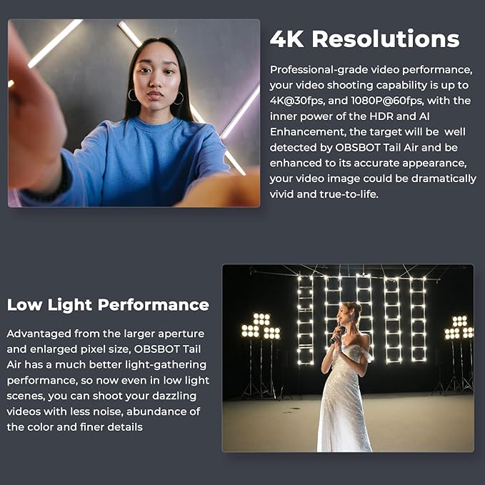 OBSBOT Tail AIR,with Tripod,NDI PTZ Camera, 4K AI-Powered Webcam,1.8" CMOS,f/1.8 Aperture,AI Auto Track,Gesture & Remote Controls,TOF Sensor,Wired&Wireless Connection,LiveStream for Church/Music Live
