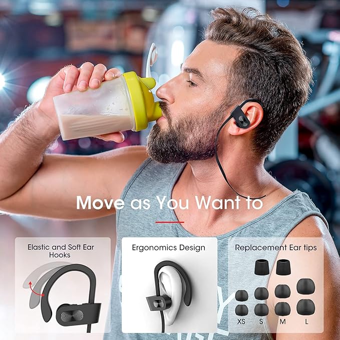 Redzoo Bluetooth Headphones V5.0,Running Headphones w/16 Hrs Playtime, Bass+ HD Stereo Wireless Sports Earphones w/IPX7 Waterproof Earbuds in Ear for Workout, Gym w/CVC6.0 Noise Cancelling Mic Black