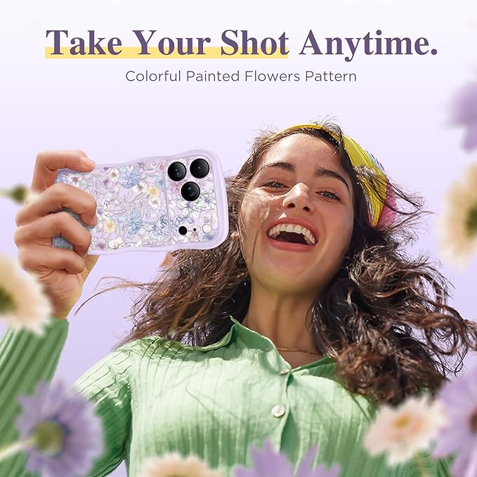 GVIEWIN for iPhone 17 Pro Max Case Compatible with MagSafe [Curly Wave Edge][Full Camera Protection] Floral Translucent Shockproof Magnetic Women Phone Case for 17 Pro Max, Apricot Blossom/Purple