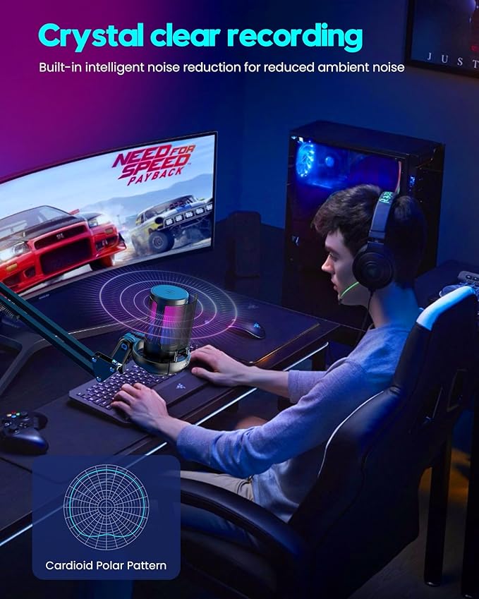 COCONISE Gaming Microphone, USB PC Mic for Podcasts Videos, Streaming, Condenser Mic with Quick Mute, Tripod Stand, Pop Filter, RGB Indicator, Shock Mount, Rotate gain button, Compatible with PS4/5/PC