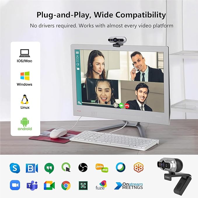 2K HD Webcam with Infrared Windows Hello Facial Recognition, Computer Camera, Privacy Cover, Noise Canceling Microphones, Laptop Webcam For Video Conferencing, Live, Streaming, Online Learning
