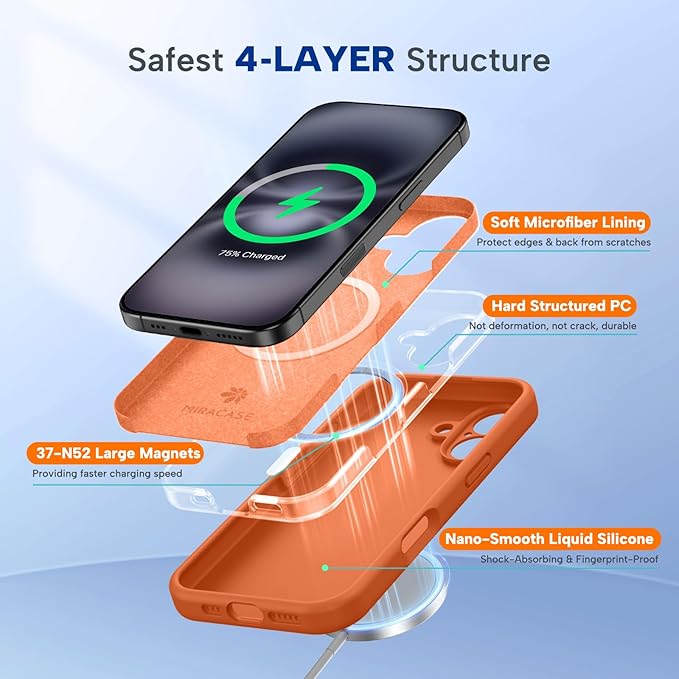 Miracase Magnetic for iPhone 16 Plus Case, [Soft Anti-Scratch Microfiber Lining], Compatible with MagSafe, Liquid Silicone Shockproof Drop Protection Phone Case for 16 Plus,Orange