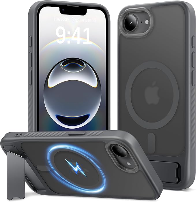 Eastinbox Magnetic for iPhone 17e & iPhone 16e Case with Stand [Compatible with MagSafe] [Built-in Invisible Kickstand] Matte Back Protective Phone Case for iPhone 17 e/16 e 6.1", Matte Gray