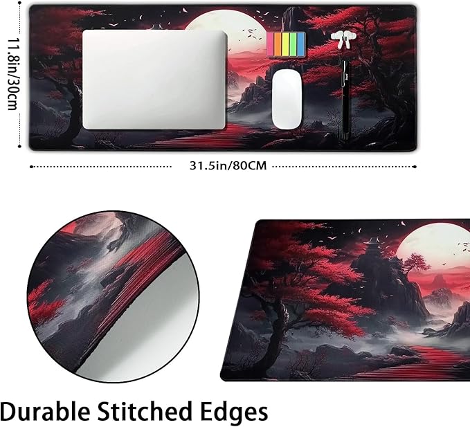 Black Red Japanese Mouse Pad XL Moon Sakura Cherry BLoosm Tree Extended Table Mat 80X30 cm Non-Slip Rubber Base Stitched Edge Large XL Mousepad for Desk Gaming Laptop Desk Top,31.5×11.8 Inch