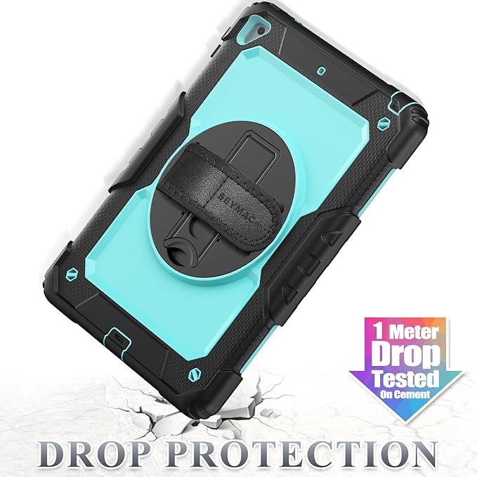 SEYMAC stock Case for iPad 6th / 5th Generation Case/Air 2 / Pro 9.7 inch, Heavy Duty Protective with Screen Protector, with Pencil Holder, Hand Strap, Shoulder Strap, 360 Rotate Stand, SkyBlue+Black