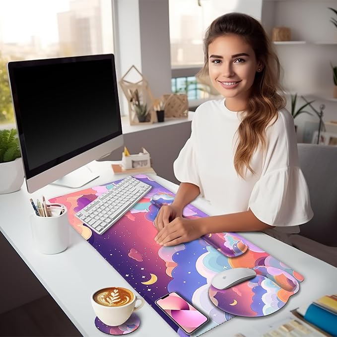 LIMKRIAN Purple Mouse Pad Large Desk Mat Set, Kawaii Clouds Ergonomic Mouse Pad with Wrist Rest Keyboard Wrist Support XXL Mousepad Cup Coaster Set, Cute Purple Office Desk Accessories Decor Supplies