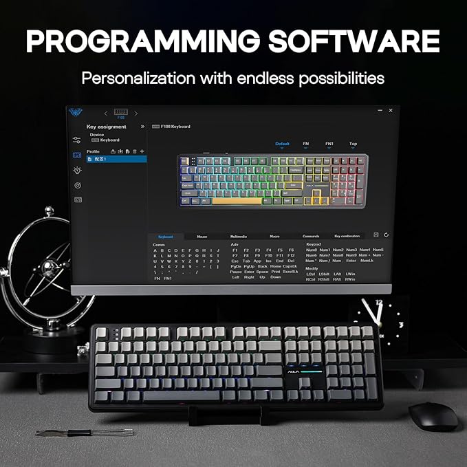 EPOMAKER Aula F108 Wireless Gaming Keyboard, Full Size Mechanical Keyboard with 4000mAh Battery, 108 Hot-Swappable and Programmable Keys, RGB Backlight, for Mac/PC/Android (Shadow Black)
