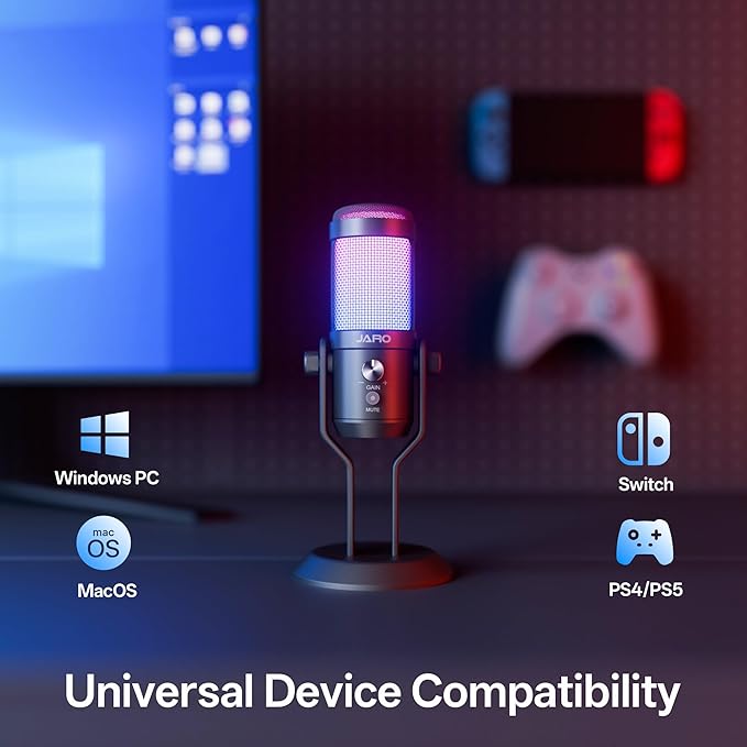 JARO USB Condenser Microphone with Mute Noise Cancelation RGB for Podcasting Gaming Streaming YouTube Zoom AMSR Singing Recording [Compatible with PC Laptop Mac PS4/5], (J100-CS)