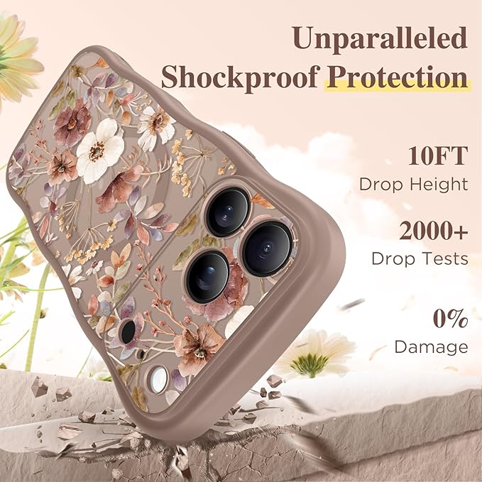 GVIEWIN for iPhone 17 Pro Case Compatible with MagSafe [Curly Wave Edge][Full Camera Protection] Floral Translucent Shockproof Magnetic Women Phone Case for iPhone 17 Pro 6.3'', Corn Poppy/Brown