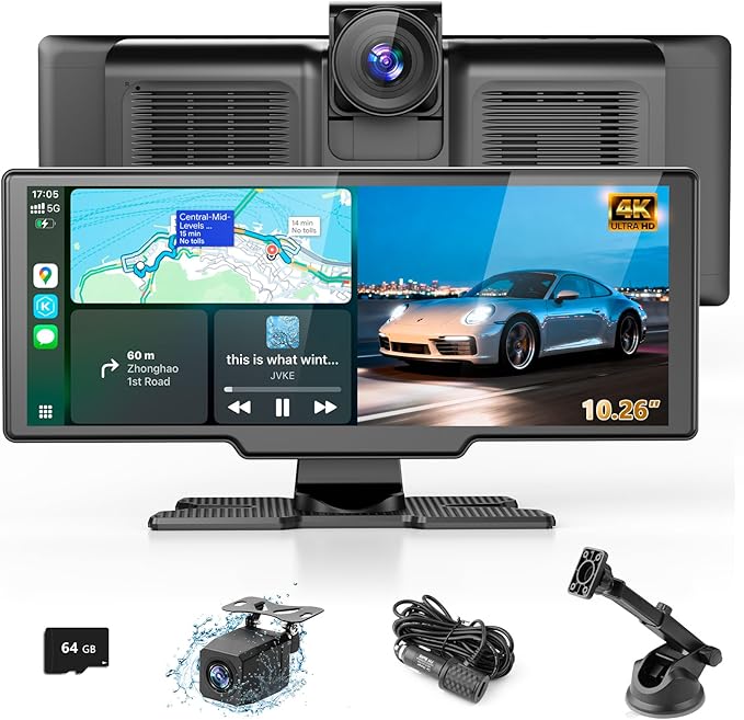 Portable Wireless Carplay Screen with Dashcam - Lehwey 10.26 Inch Car Play Tablet with 4K Front Dash Cam & 1080P Rearview Backup Camera, Bluetooth 5.0, FM, Voice Assistant, with 64GB TF Card