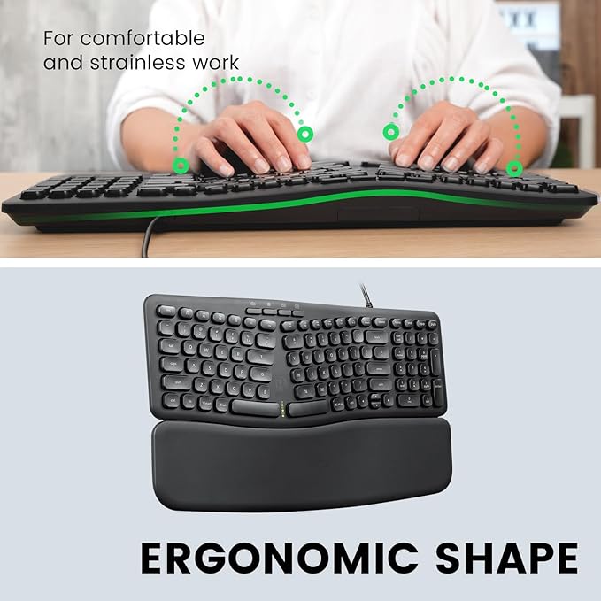 Perixx PERIBOARD-536B US, Wired Ergonomic Compact USB Keyboard - 16.34 x 5.71 x 1.61 inches Dimension - Build-in Number Pad - Detachable Wrist Rest - Silent Typing - Black
