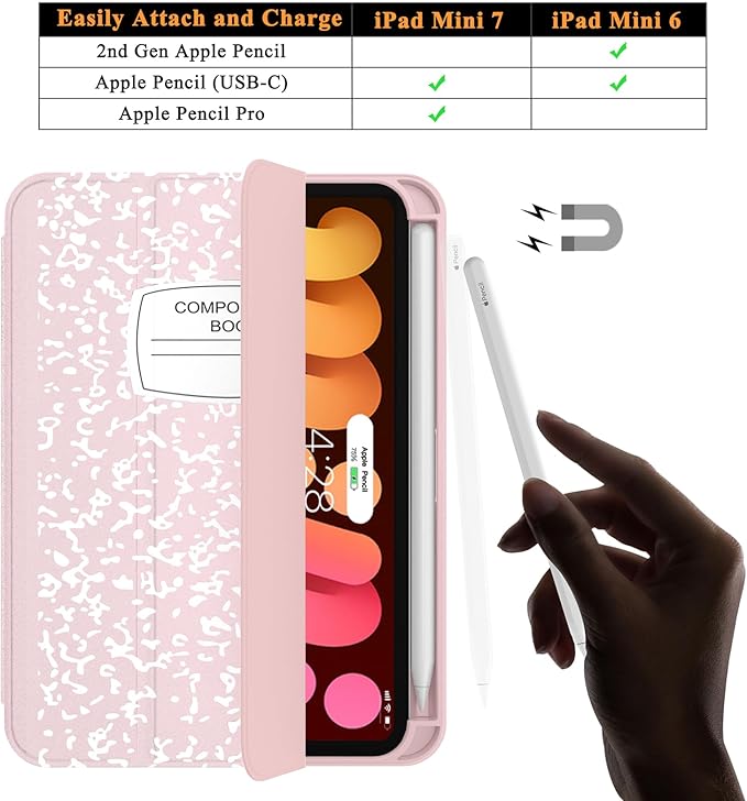 Soke Case for iPad mini 7(A17 Pro) 2024/iPad Mini 6 2021 8.3 inch with Pencil Holder-[Pencil Charging + Auto Wake/Sleep], Soft TPU Back Cover for iPad mini 7th/6th Generation(Book Pink)