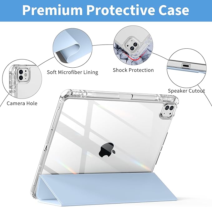 Clear Case for iPad Pro 12.9 inch 6th/5th/4th/3rd Gen with Pencil Holder [Support Pencil Charging] Auto Wake/Sleep, Lightweight Shockproof Trifold Stand Transparent Hard PC Back Cover, Blue
