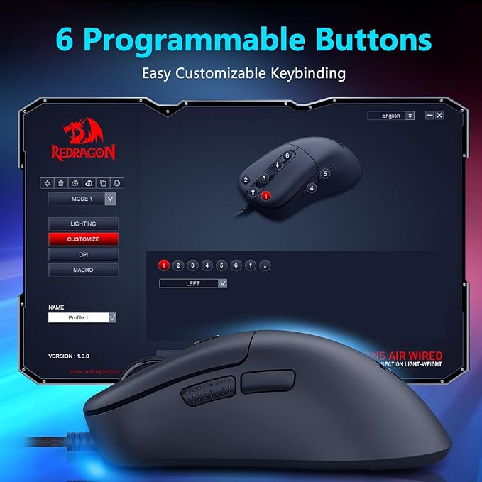 Redragon Wired Gaming Mouse, Lightweight Ergonomic Optical Mouse, 5 Adjustable DPI Up to 24000, 6 Programmable Buttons, Soft Braided Cable for Windows PC Gamers & Laptop - Black