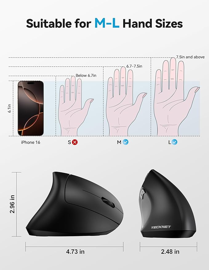 TECKNET Ergonomic Mouse with Jiggler, Bluetooth Wireless Vertical Mouse, 4800DPI Rechargeable Carpal Tunnel Mouse, Undetectable Random Movement Keeps Computers Awake for PC, Laptop, Mackbook