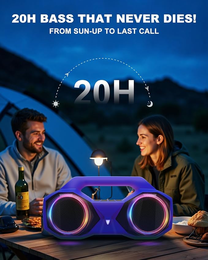 OZJ Bluetooth Speaker 80W(Peak) Loud with Bass, 20H Playtime, IPX7 Waterproof, RGB Lights, TWS, Large Portable Wireless Speakers for Outdoor, Home, Party, Pool, Beach, Tailgating, Gym, Work (Purple)