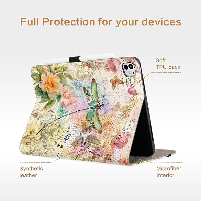 Vimorco for iPad Pro 13 Inch Case M5/M4 2025/2024, for iPad 13 Pro Case for Girls Women Adjustable Stand Cover, Hand Strap, Card Pocket with Pencil Holder, for iPad 13 Pro Cover, Dragonfly