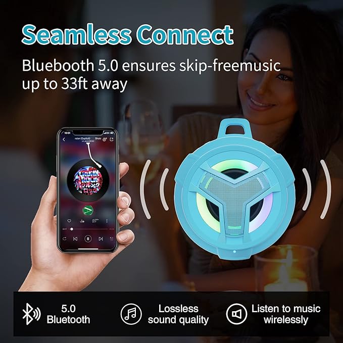EBODA Waterproof Bluetooth Shower Speaker, IPX7 Floating Portable Wireless Small Speakers, 24H Playtime with RGB Light for Kayak, Beach, Pool Accessories, Gifts for unisex -Sky Blue