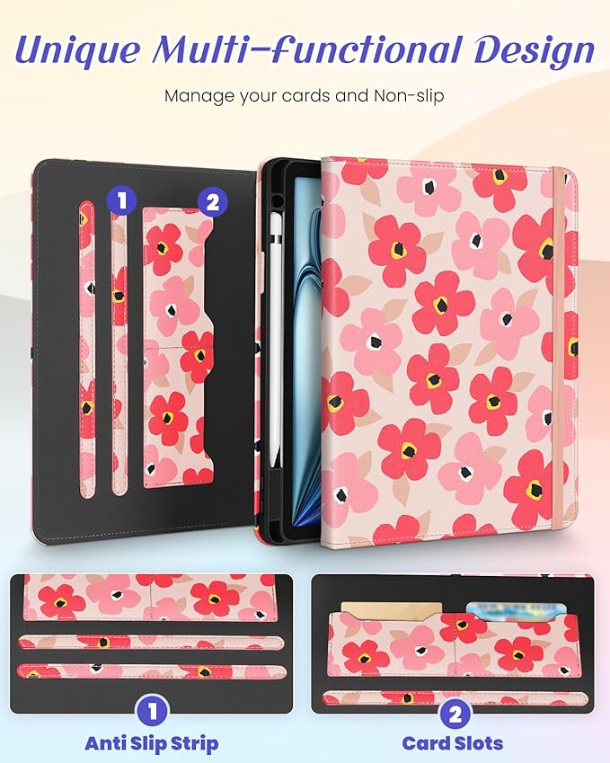 Kidcube for iPad Air 11 Inch Case M3/M2, Air 5th/4th Generation Cases 10.9'', Pro 11'' 2020 - Women Girls Aesthetic Cute Rotating Stand Folio Cover with Pencil Holder & Card Slot Floral Flowers