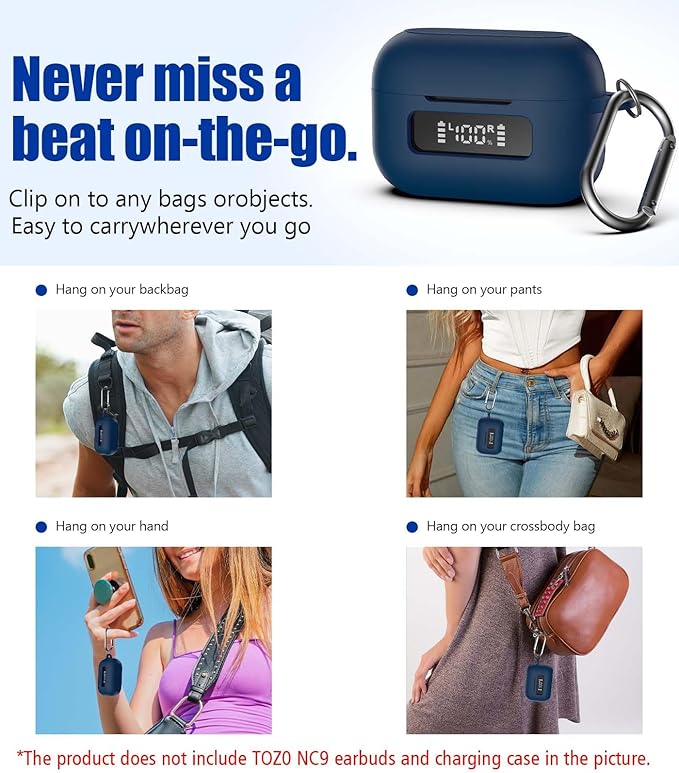 for TOZ0 NC9(2024) Case Cover, Silicone Protective Battery Display Visible Design Cover ONLY for TOZO NC9 Hybrid Active Noise Cancelling Wireless Earbuds 2024 Version with Carabiner-Blue