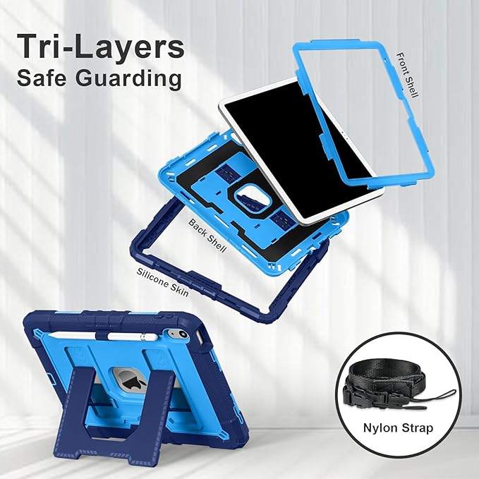 Kids Friendly Case for iPad A16 11th Generation 11 Inch 2025 / iPad 10th Generation 10.9" 2022 Case with Pencil Holder & Shoulder Strap, Hybrid iPad 11 10 Cover Rugged Shockproof Kickstand,Blue