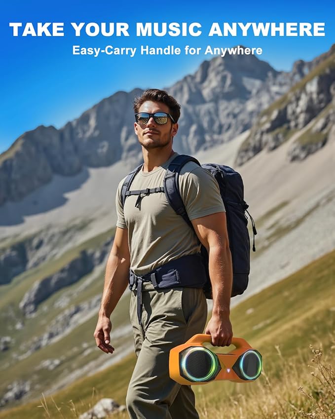 OZJ Bluetooth Speaker 80W(Peak) Loud with Bass, 20H Playtime, IPX7 Waterproof, RGB Lights, TWS, Large Portable Wireless Speakers for Outdoor, Home, Party, Pool, Beach, Tailgating, Gym, Work (Orange)