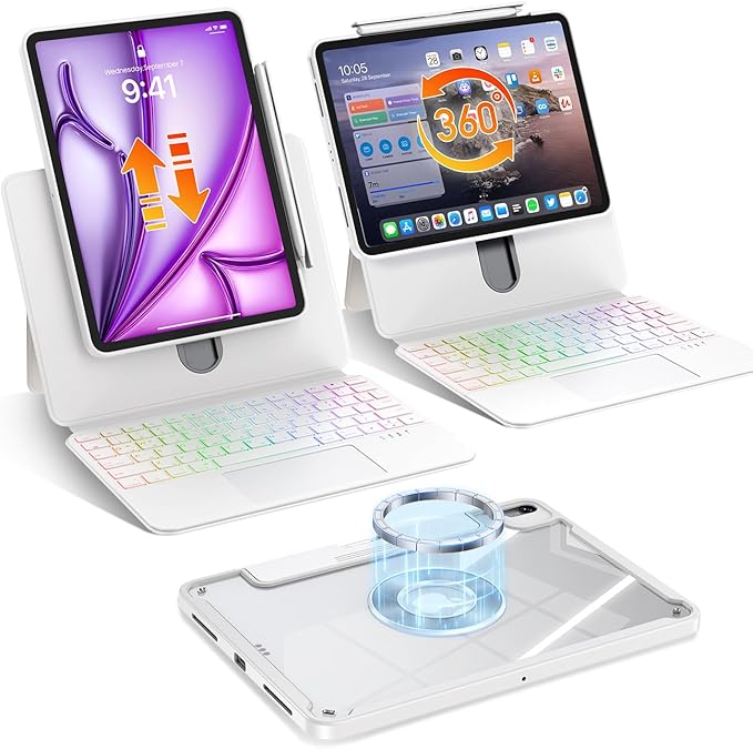 Keyboard Case for iPad Air 11" (M3/M2)& Pro 11" 4th 3rd 2nd 1st Gen, Clear Detachable Magnetic 360 Rotatable & Liftable Cover, 7-Color Backlit, Native Gesture Trackpad, 180 Kickstand, White