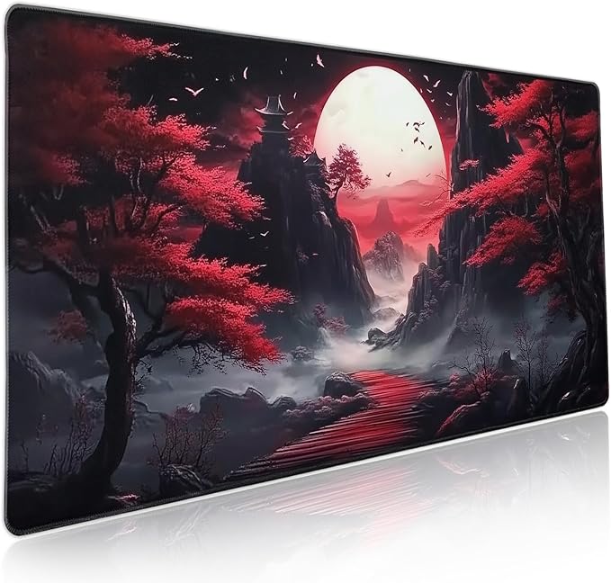 Black Red Japanese Mouse Pad XXL Moon Sakura Cherry BLoosm Tree Extended Table Mat 90X40 cm Non-Slip Rubber Base Stitched Edge Large Mousepad for Gaming Laptop Computer Desk Top 35.4×15.7 Inch