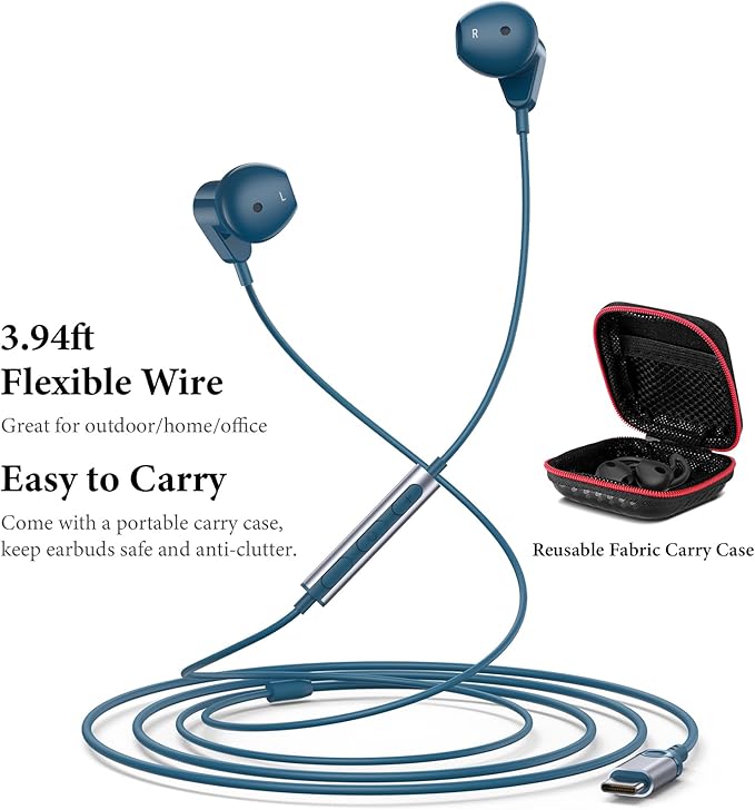APETOO USB C Headphones for iPhone 17 Pro Max 16 15 Plus iPad Air USB-C Wired Earbuds with Mic Volume Control HiFi Stereo Type C Earphones for Galaxy S25/S24/S23/S22 Ultra Pixel 10 9 8 7 6a, Blue