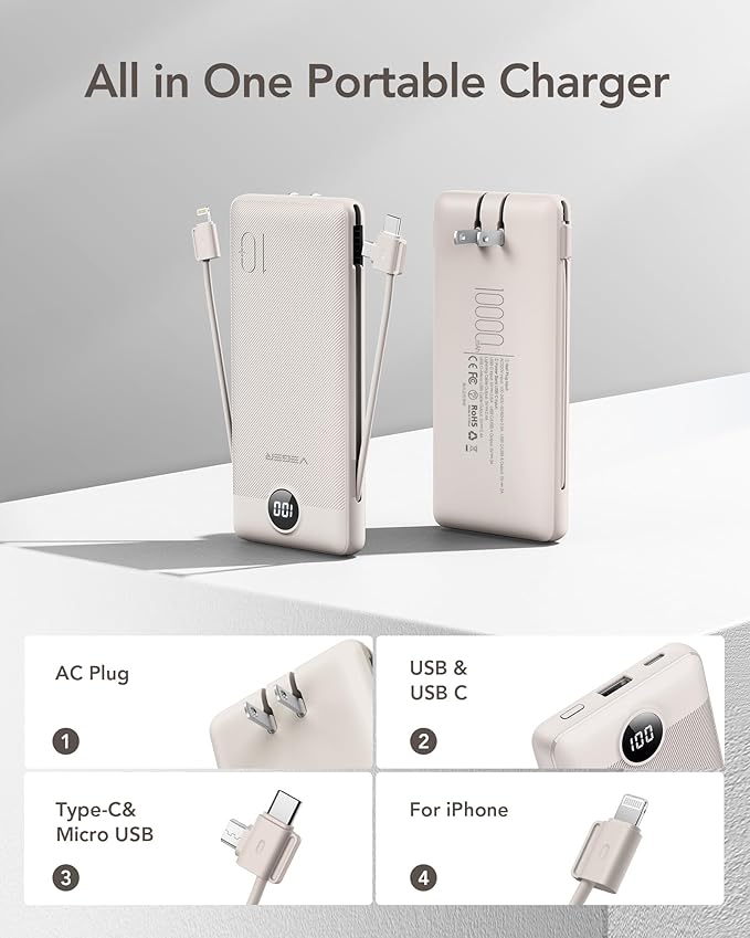 VEGER Portable Charger with Built-in AC Plug and Cables, All in One 10000mAh Ultra Slim Power Bank Travel Essentials, Fast Charging Battery Pack Compatible with iPhone, Samsung, Android (Coffee)