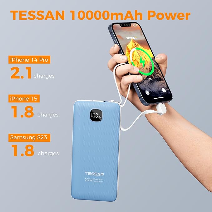 TESSAN Portable Charger with Built in Cables, 10000mAh Power Bank Fast Charging with Foldable AC Plug, PD20W Compact Battery Pack Travel Essentials for iPhone 17/16 Series, Samsung, Tablets, Blue