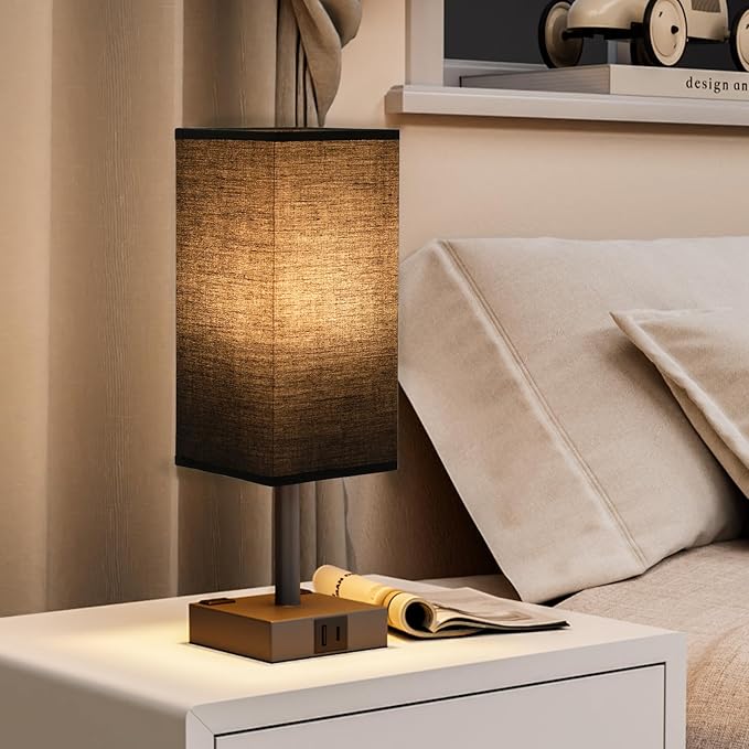 Touch Bedside Table Lamp for Nightstand - 3-Way Dimmable Night Lamp with USB A + Type C Charging Ports and Two AC Outlets, Small Desk Light with E26 LED Bulb for Bedroom Living Room Dorm Office,Black