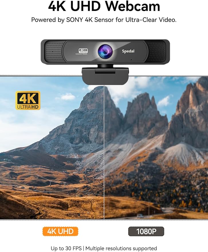 Spedal 4K Webcam with Tripod, Wide Angle 120° USB Webcam, Sony 1/2.8" Sensor, Dual Microphones, Remote Control, Auto Focus for Video Conferencing, Online Meetings, Streaming, Zoom & Teams