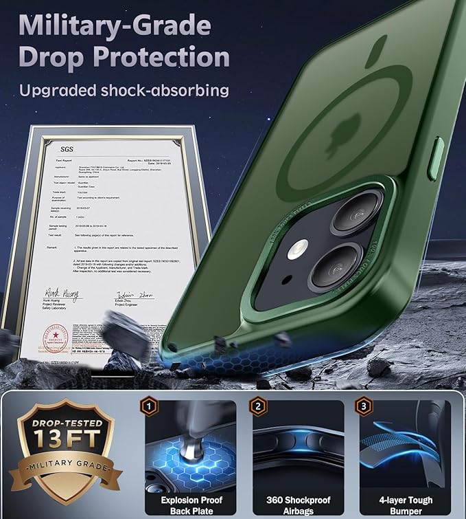 Newfuture Designed for iPhone 11 Case with Strong Magnetic [13 FT Military Drop Protection] [Compatible with Magsafe] Slim Translucent Matte Shockproof with Anti-Fingerprint Phone Case, Dark Green