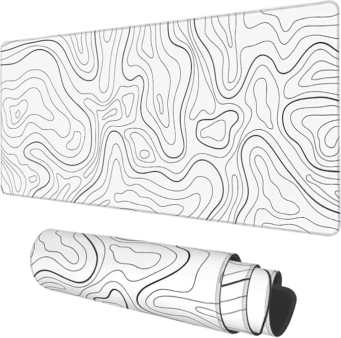 Desk Mat, White Topographic Contour Map Extended Gaming Mouse Pad Large, 35.4"x15.7" Big Mouse Pad with Non-Slip Base and Stitched Edge, Long Computer Keyboard Mouse Mat for Home Office Work
