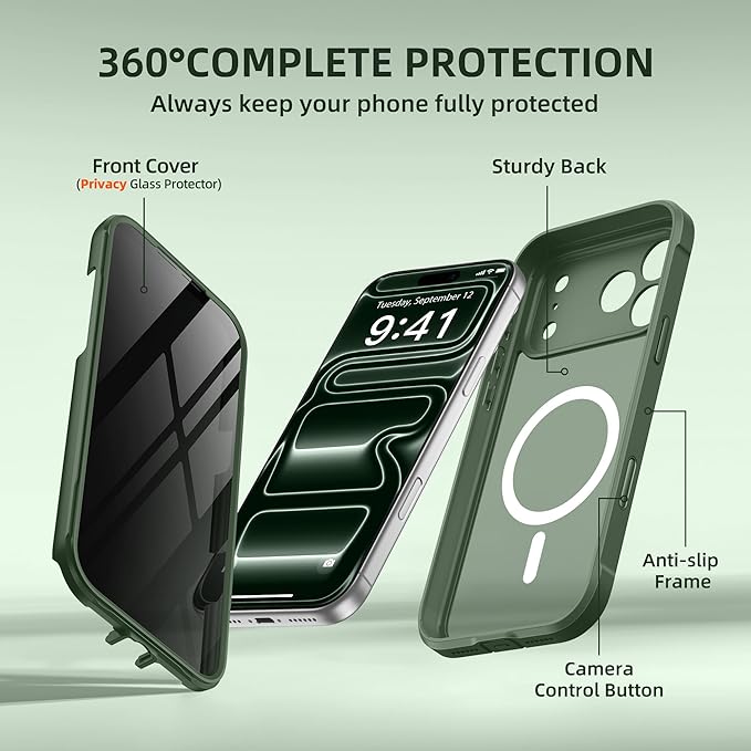 BERFY for iPhone 17 Pro Case, Compatible with MagSafe, Built-in Privacy Screen Protector, Camera Protection, Shockproof Full Body Phone Case 6.3", Translucent Deep Green