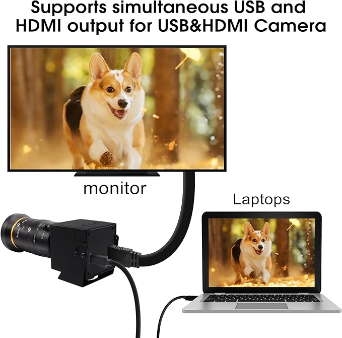 4K Monitor Port USB Camera Simultaneous Streaming Webcam Video Recording Zoom Type C Camera with 5-50mm Manual Varifocal Lens for Live Streaming, Computer, Laptop, Raspberry Pi, Windows,Linux