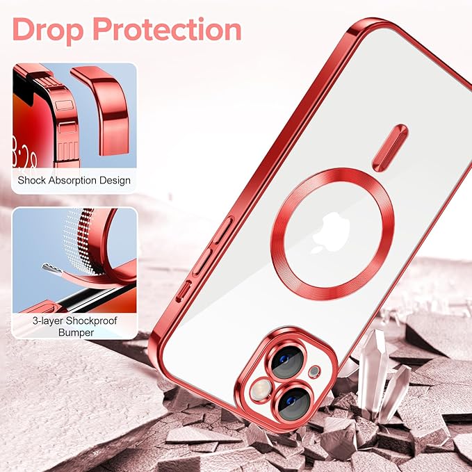 Hython Magnetic Clear for iPhone 14 Case with Camera Lens Protector [Compatible with MagSafe] Luxury Plating Edge Slim Soft TPU Cover Protective Phone Case for iPhone 14 6.1", Red