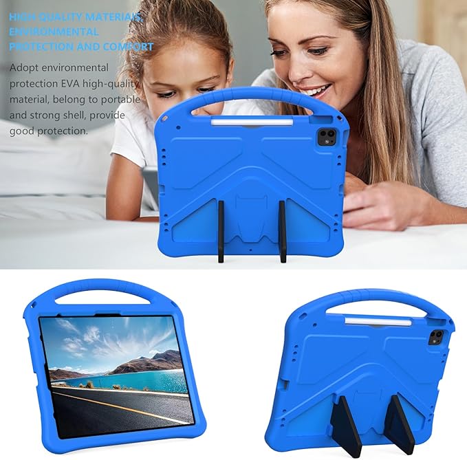 Kids Case for iPad Air 13 inch M4/M3/M2 & iPad Pro 13 inch M5/M4 (2025/2024) & iPad Pro 12.9 inch Cover 6th/5th/4th/3rd Generation (2022/2021/2020/2018) with Stand/Handle/Pencil Holder, Blue