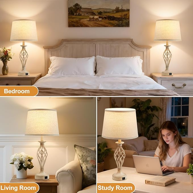 EJIAXIN Bedside Table Lamp for Bedroom Set of 2 - Beige Nightstand Lamps with USB C+A Ports,Rustic Distressed Farmhouse Bedroom Lamp - Lamp for Living Room Reading Bed Side End Table Bulbs Included
