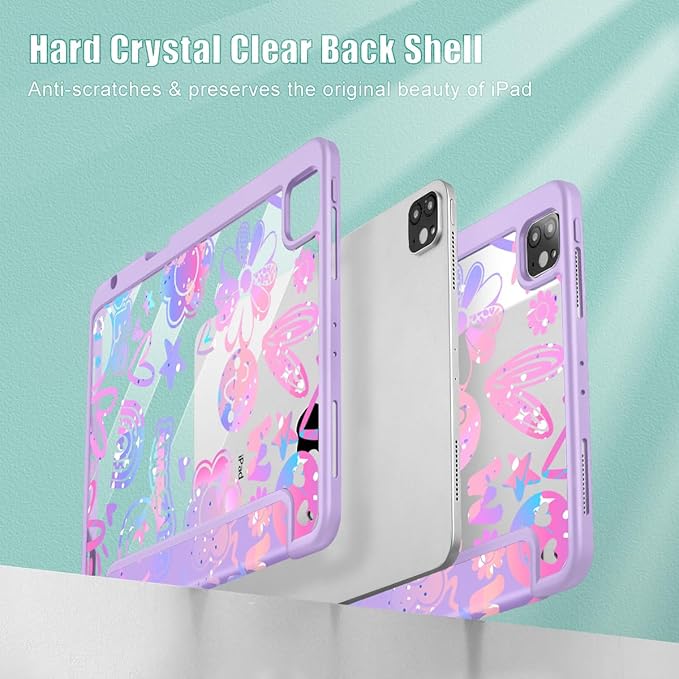 Tuiklol for iPad Pro 12.9 Inch 6th/5th/4th/3rd Generation 2022 2021 2020 2018 Case,Built-in Pencil Holder Clear Transparent Protective Back Shell Cover with Auto Sleep/Wake, Fun Emotions Purple
