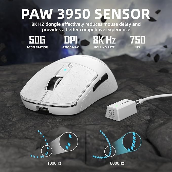ATTACK SHARK R6 39g Superlight Wireless Gaming Mouse,PixArt PAW3950MAX 42000 DPI,MCU Nodic 52840 Computer Mouse,8K Polling Rate Web Driver,BT/2.4Ghz/Wired Tri-Mode Mice with Coiled Cable-White&Tape