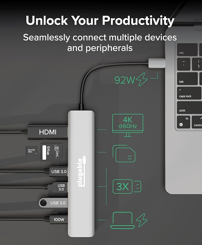 Plugable USB-C Hub 7-in-1, Driverless USB C Hub Compatible with Mac, Windows, Chromebook, USB4, Thunderbolt 4, and More (4K HDMI, 3 USB 3.0, SD & microSD Card Reader, 100W Charging)