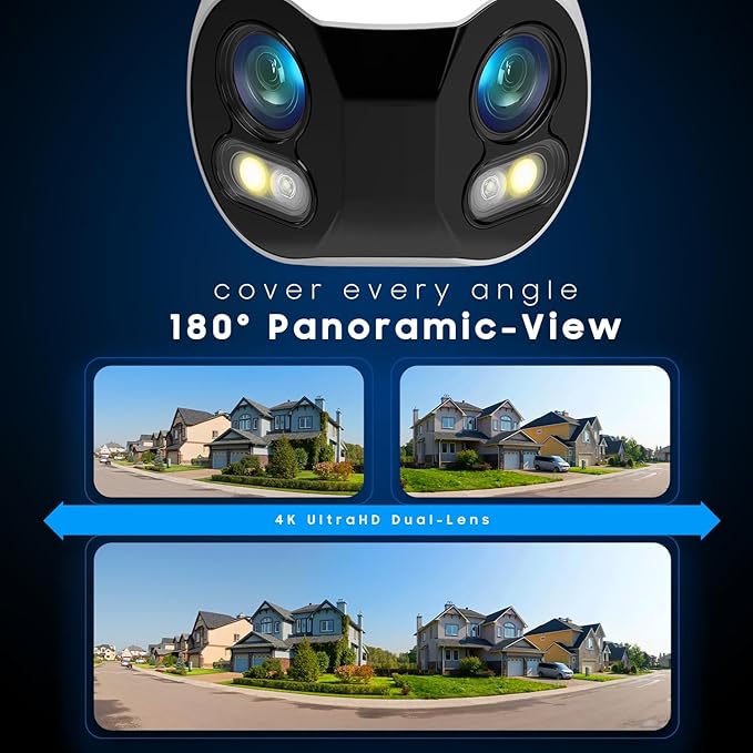 Amcrest Dual-Lens 4K (8MP) Outdoor Security WiFi Camera, 2 x 4MP Lenses WiFi AI Bullet IP Camera, Dual-Band 2.4Ghz & 5Ghz, Face Detection, Panoramic 180° FOV, 4K@15fps